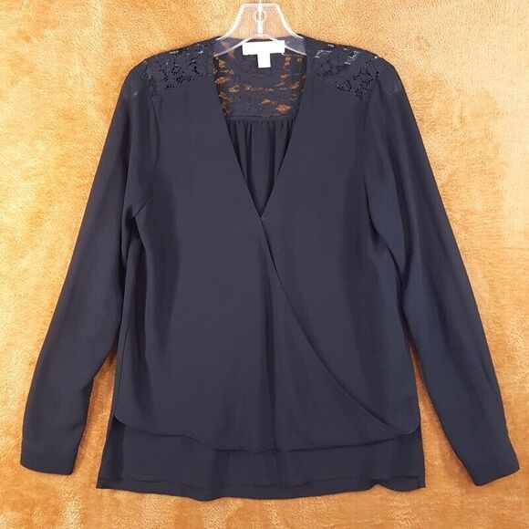 MICHAEL KORS Womens Top Small Black Surplice Wrap Lace Shoulder Hi Lo Blouse - Picture 1 of 8